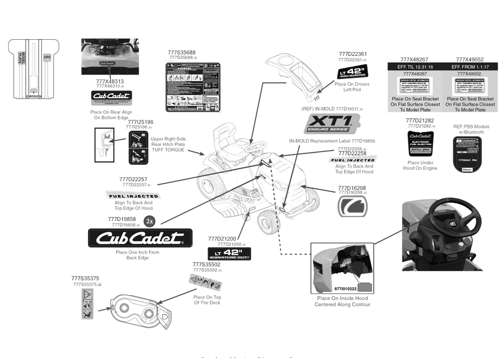 Label Map Diagram and Parts List for XT1-LT42EFI (13W9A1CS010)(2017) Cub Cadet Lawn Tractor